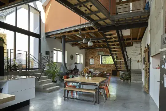 renovation rehabilitation complete garage vue piece de vie style loft industriel