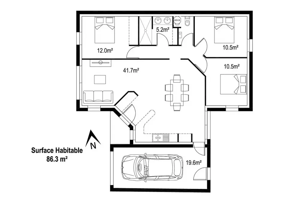 plan maison brique sur mesure de 86 m2 avec 3 chambres et un garage