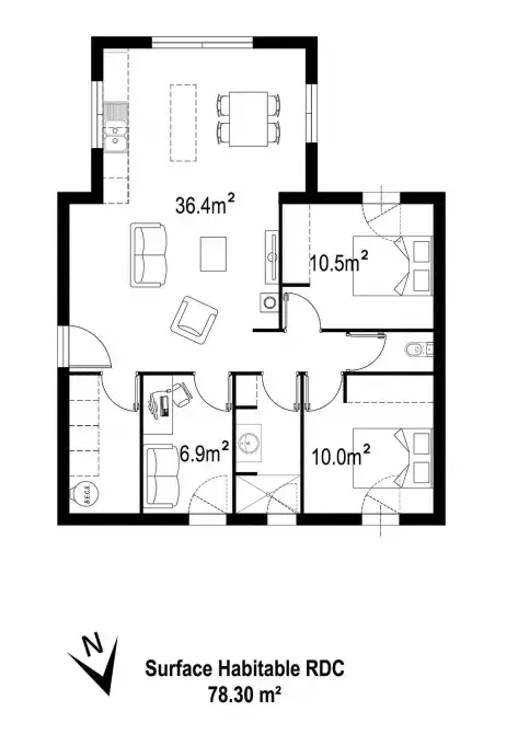 plan maison initiale bois 2 chambres un bureau bouaye