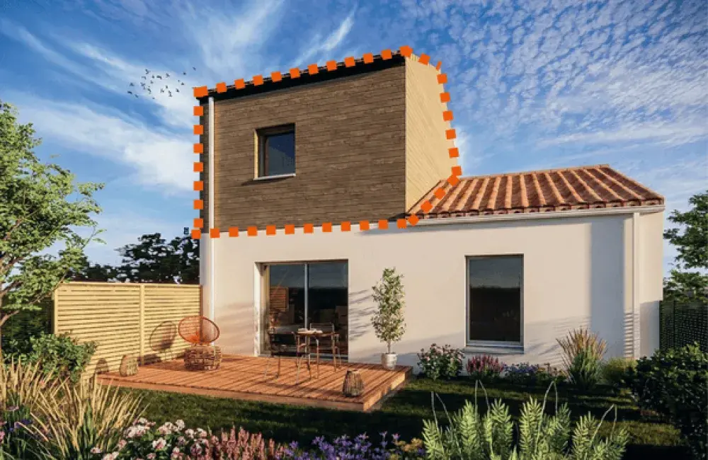 Vue extérieure d'une maison écolutive avec une surélévation en bois