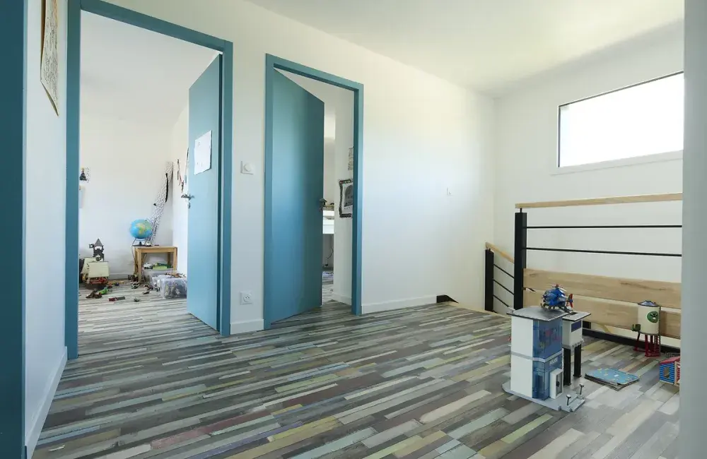 surelevation ossature bois vue espace detente etage chambres saint sebastien sur loire