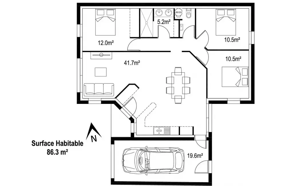 plan maison brique sur mesure de 86 m2 avec 3 chambres et un garage